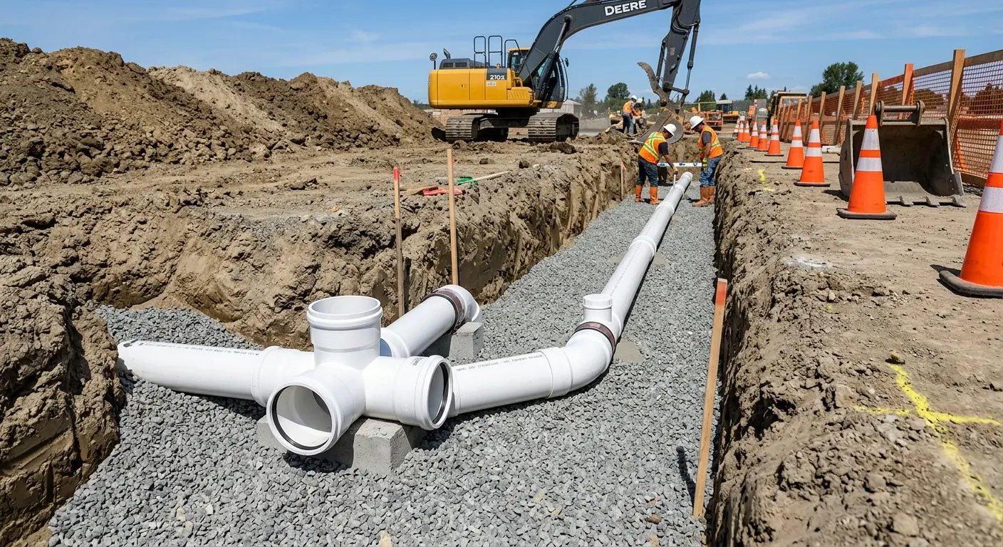 New PVC sewer pipe installation in open trench for Commercial Drain Cleaning in Hilton Head Island