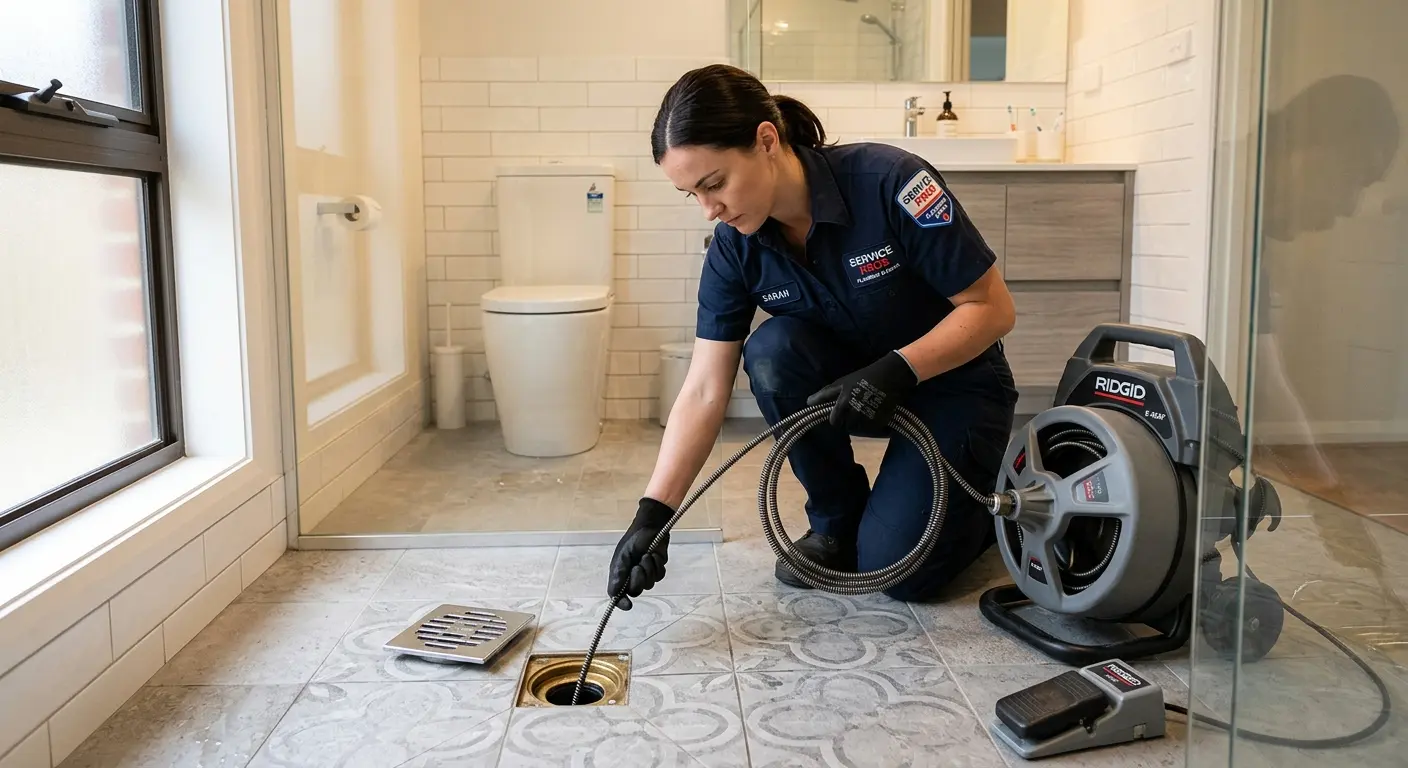 Technician clearing a bathroom floor drain for Drain Cleaning in Hilton Head Island